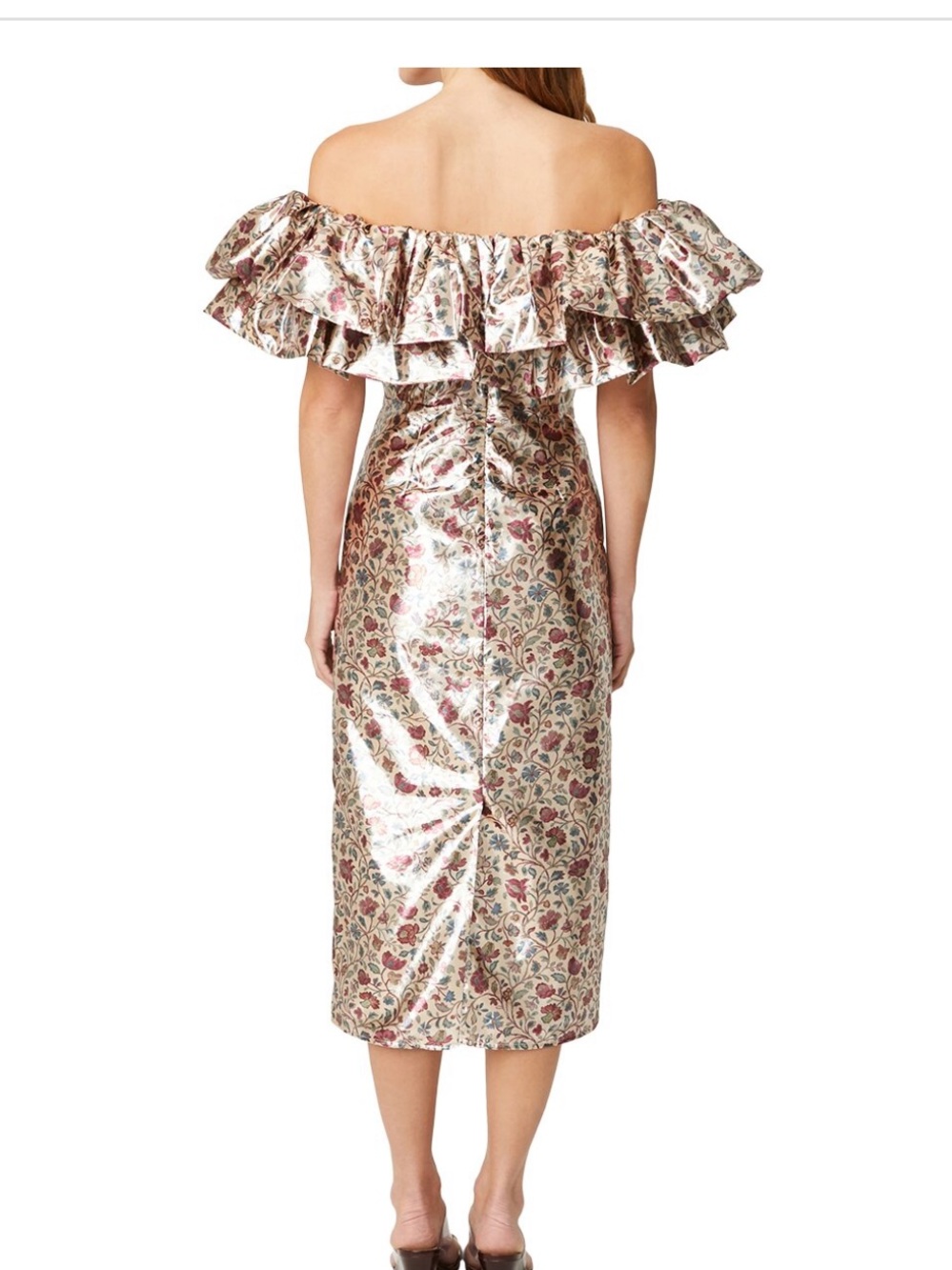 RHODE Off-Shoulder Floral Metallic Midi Dress in Cream and Rose - Picture 2 of 10